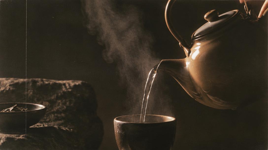 Ceramic kettle pouring steam against dark slate