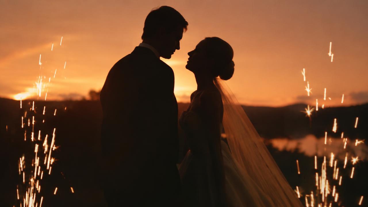 Couple silhouetted at sunset with sparklers