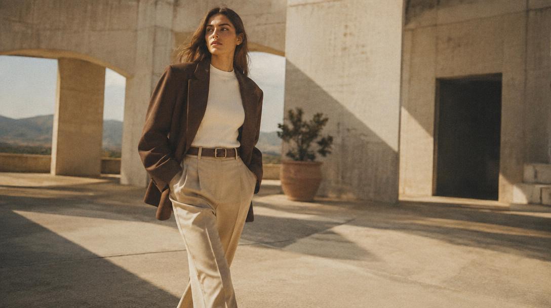 Model walking through a sunlit concrete courtyard
