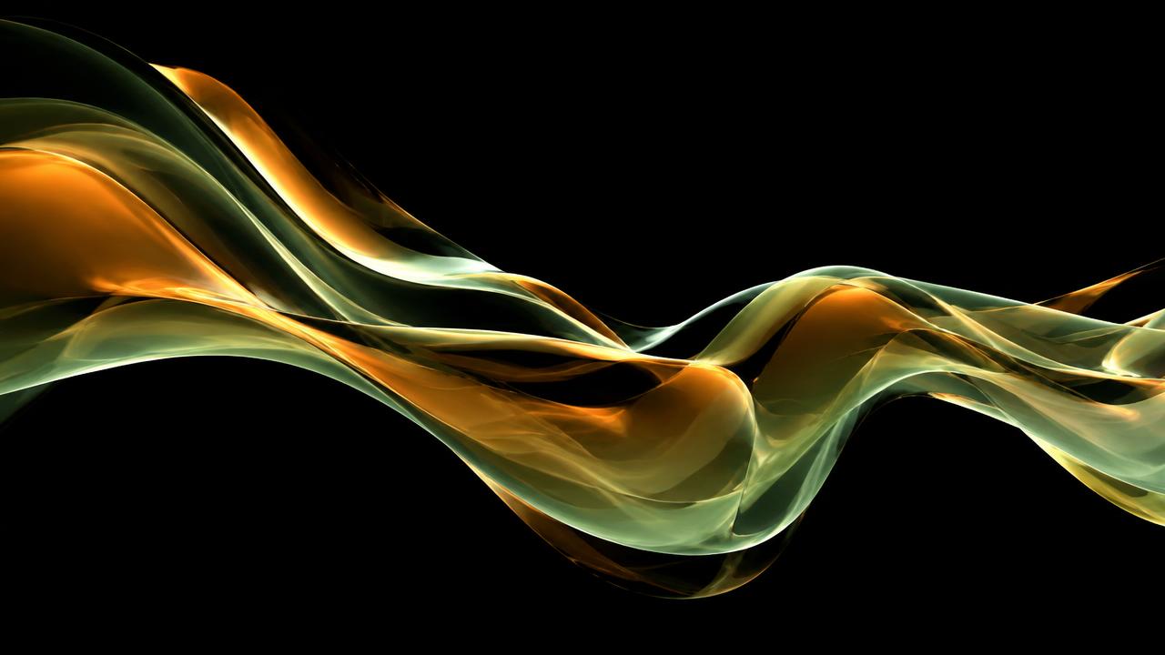 Flowing amber and sage ribbons of light on black